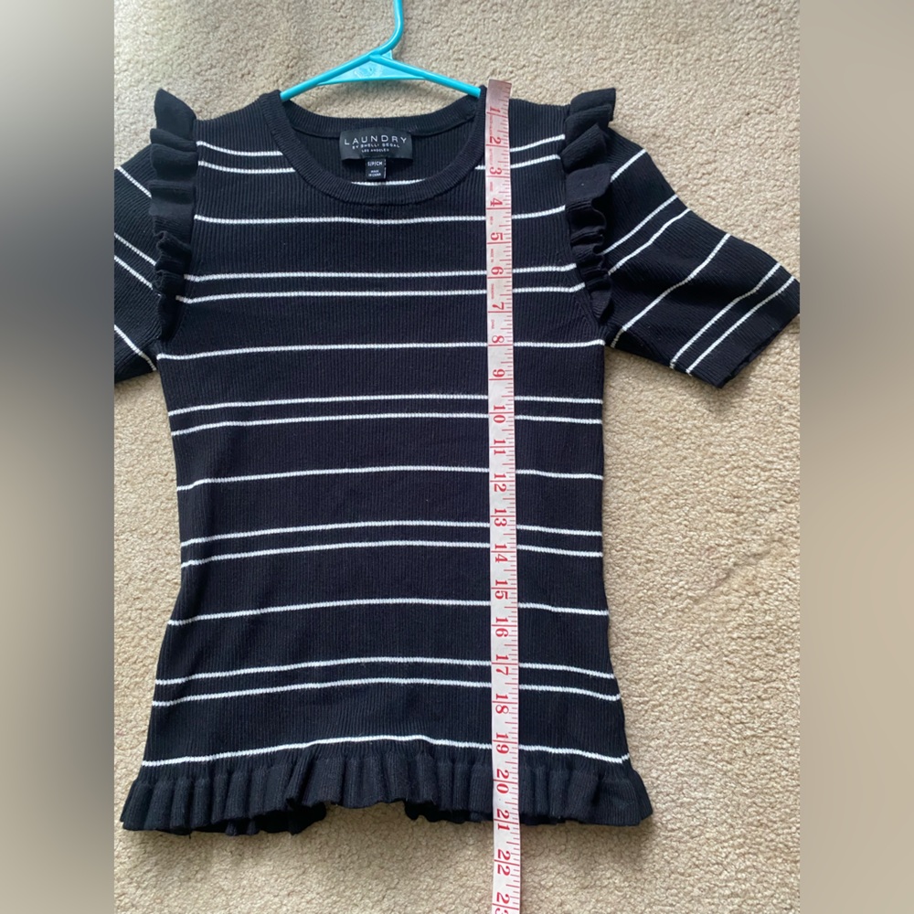 Laundry Shelli Segal black white stripe knit ruffle short sleeve blouse - Picture 11 of 13